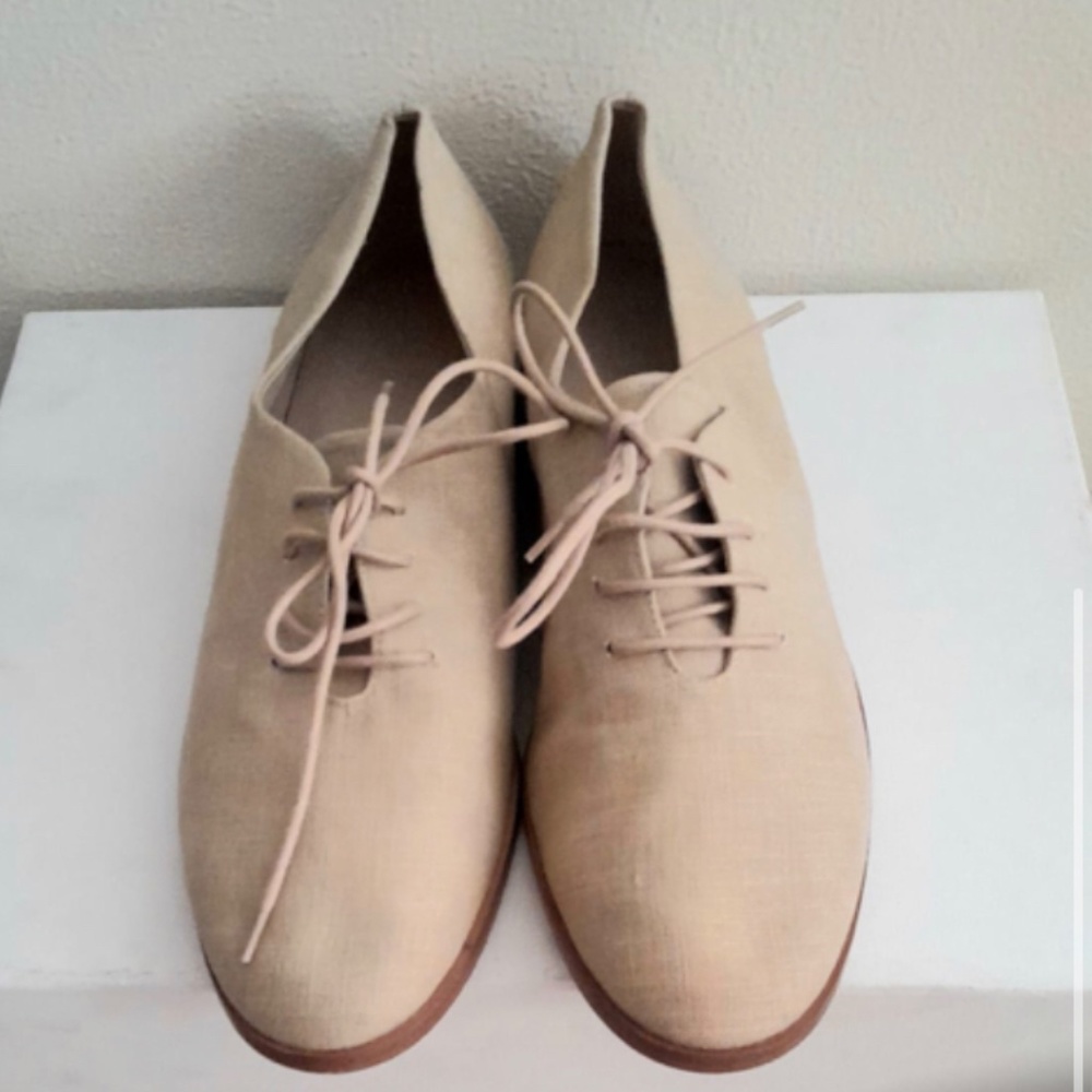 Theory women’s flat dress shoes Oxford lace up linen leather tan beige - Picture 2 of 3
